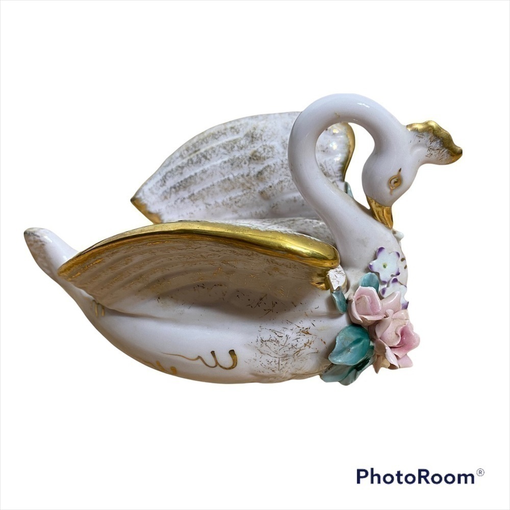 Vintage Lefton China Hand Painted Swan Brush Trinket Holder Floral Gold White